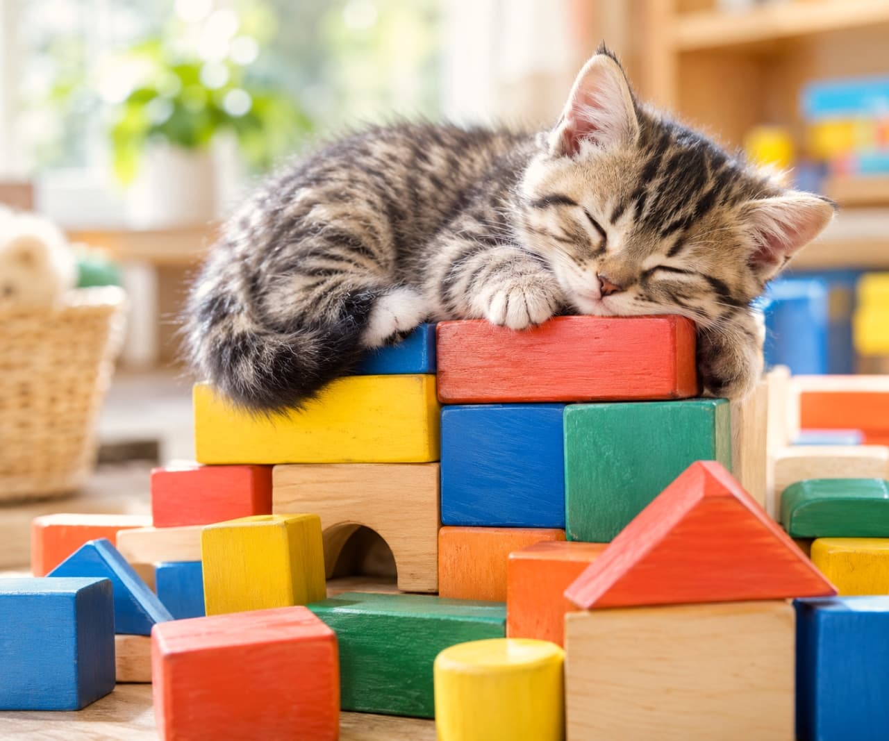 「ゴツゴツの積み木の上でもお構いなしに爆睡中🧱💤 遊び疲れてそのまま寝落ちしちゃった姿が愛おしいね🎈✨」Ultra-realistic high-quality photograph of a tabby kitten sleeping skillfully balanced on a pile of bright, primary-colored wooden building blocks. The kitten's distinctive M-shaped forehead mark and fluffy fur are lit by natural light, with its white paws gently resting on a red block in a cheerful, sunny playroom setting. 赤、青、黄、緑といった鮮やかな原色の木製積み木が高く積まれた上に乗り、器用にバランスを取りながら眠るキジトラの子猫。キジトラ特有の額のM字模様とフワフワの被毛が自然光に照らされ、白い前足を赤い積み木に添えているポーズが愛らしい。背景には子供部屋のような明るく楽しげな空間が広がっている