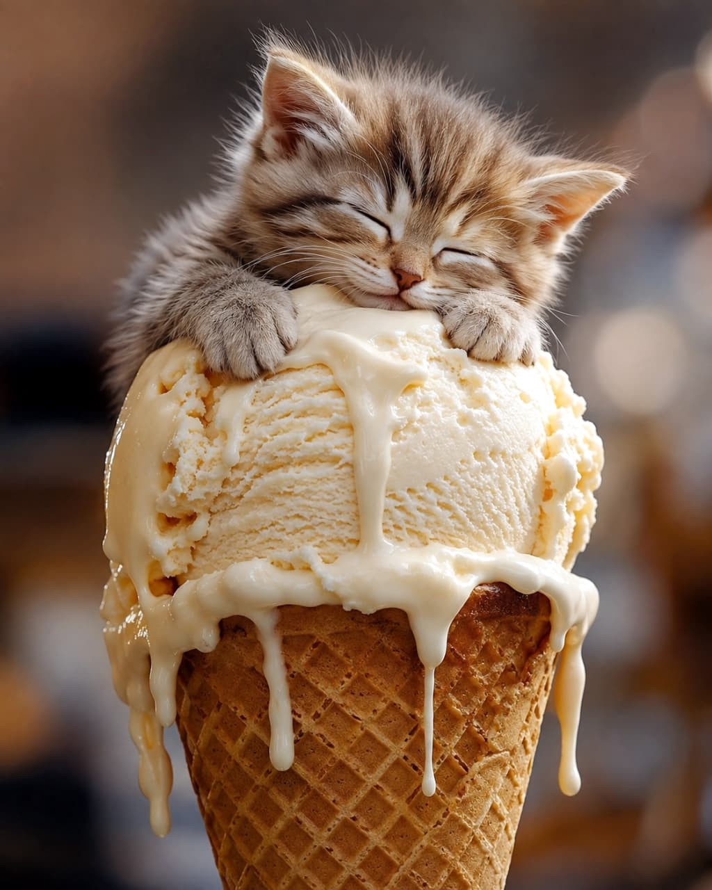 「ひんやり甘〜いバニラアイスの上でお昼寝タイム🍨🐾 幸せいっぱいの寝顔を見ているだけでとろけそう🤤💕」Ultra-realistic high-quality photograph of a brown tabby kitten sleeping happily while hugging a giant scoop of melting vanilla ice cream on a waffle cone. The precise details of the kitten's striped fur and closed eyes blend seamlessly with the rich, melting texture of the ice cream. The warm amber bokeh in the background enhances the sweet, fantastical worldview of the scene. ワッフルコーンに乗った巨大なバニラアイスクリームの上で、両前足を添えて幸せそうに眠るキジトラの子猫。とろけ出す濃厚で甘そうなアイスの質感と、子猫の細やかなブラウンの縞模様、きゅっと閉じた満足げな目元が精巧に描写されている。背景の温かみのあるアンバーな光のボケが、甘くファンタジーな世界観をより一層引き立てている