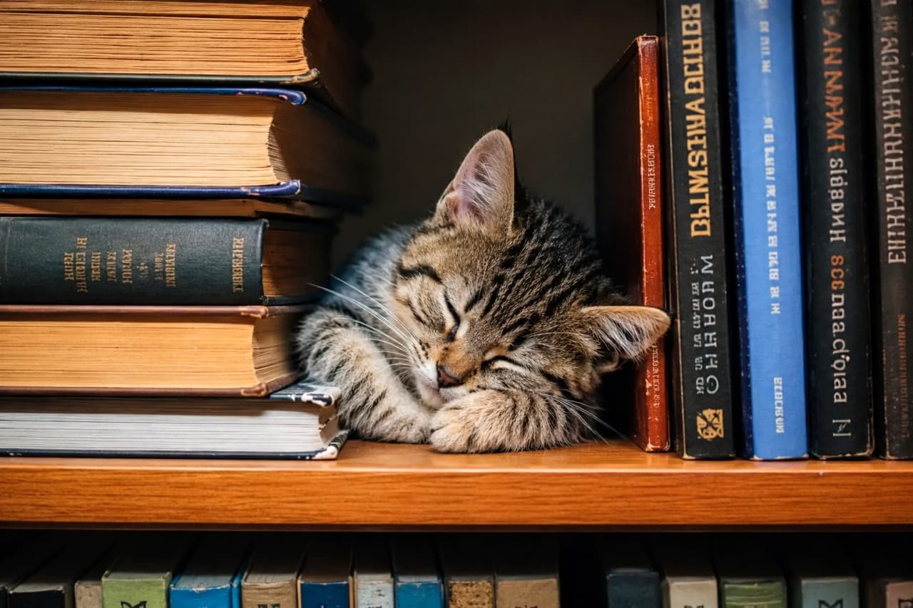 「古い本の香りに包まれて、秘密の隠れ家でお昼寝中🤫📚 魔法使いのお供みたいでかっこいい🐈‍⬛✨」Ultra-realistic high-quality photograph of a tabby kitten curled up asleep in a small alcove formed by stacked and upright antique books. The beautiful contrast between the heavy texture of the leather-bound books and the kitten's soft fur is evident. The serene atmosphere of a library corner, illuminated by amber light, is nostalgic. 平積みにされた古い洋書と縦置きの本の間にできた小さな窪みで、顔を隠すように丸まって眠るキジトラの子猫。アンティーク調の革装丁の本が放つ重厚な質感と、子猫の柔らかな被毛のコントラストが美しい。図書館の片隅のような静寂な雰囲気と、アンバーな光がノスタルジッ