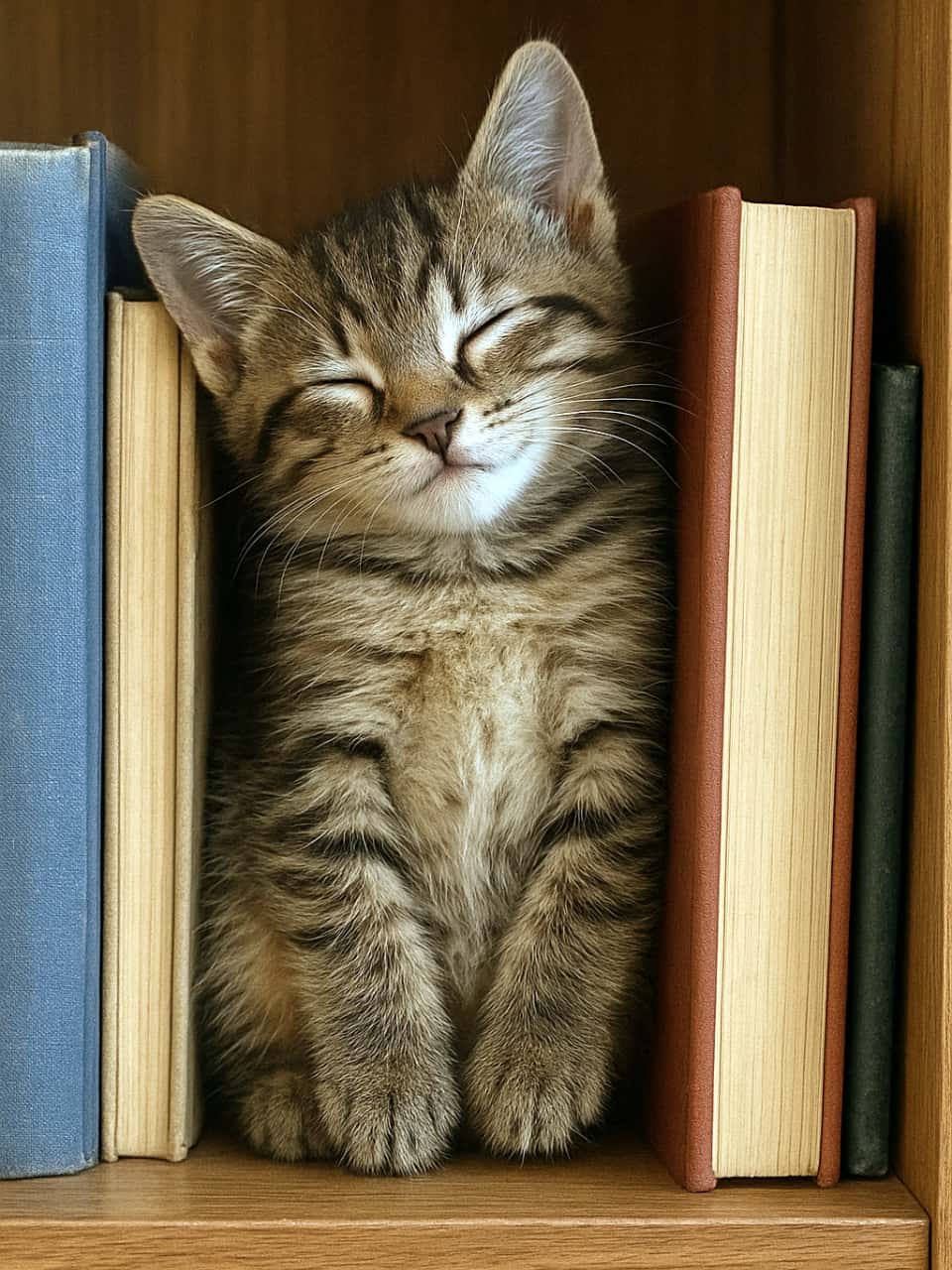 「本に挟まれて「お座り」のままスヤスヤ💤 にっこり笑顔の寝顔がたまらなくキュート💕」A brown tabby kitten wedged between books on a wooden shelf, sleeping vertically in a sitting position. It has its front paws neatly together and a contented, smiling expression. 木製の本棚で本に挟まれ、前足を揃えてお座りをしたような垂直の姿勢で幸せそうに微笑みながら眠るキジトラの子猫