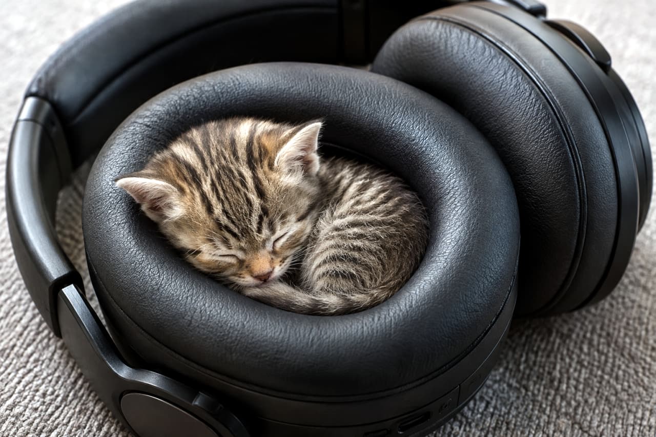 「ヘッドホンの中がまさかの特注ベッドに変身🎧🐈 静かでフカフカ、究極のパーソナルスペースを満喫中🎶💤」Ultra-realistic high-quality photograph of a tiny tabby kitten curled up perfectly inside the padded ear cup of large black over-ear headphones. The kitten's detailed brown and black stripes and peaceful closed eyes are clearly visible. The textured grey fabric background enhances the quiet, minimalist atmosphere of the scene. 重厚な黒いオーバーイヤー型ヘッドホンのふかふかしたイヤーパッドの中に、見事なまでにぴったりと収まって丸くなる極小サイズのキジトラ子猫。細かな黒と茶色の縞模様、安心しきって閉じた目元が精細に描写されている。敷かれたグレーのファブリックの質感が、静寂でミニマルな空間を引き立てている