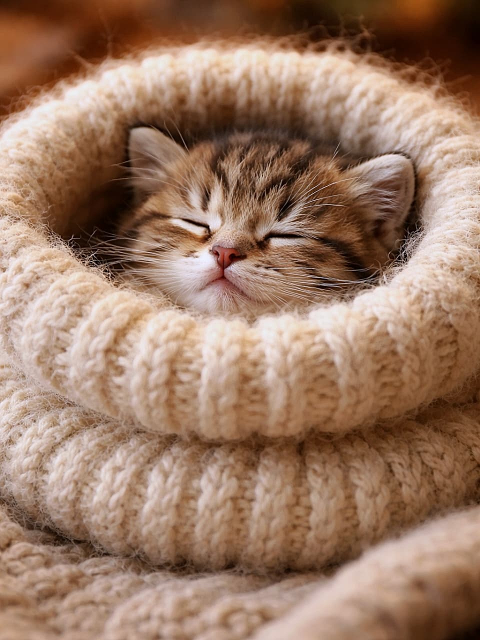 「ぬくぬく帽子にすっぽり夢の中。冬が連れてきた小さな幸せ🐾」A tiny tabby kitten sleeping completely inside a fluffy wool knit hat, only its head peeking out. Warm, cozy lighting with soft bokeh in the background, highly detailed photorealistic fur texture. ふわふわの毛糸のニット帽の中にすっぽり収まり、顔だけをのぞかせて眠る小さなキジトラの子猫。背景は暖かい光のボケで包まれ、毛並みの質感までリアルに写っている