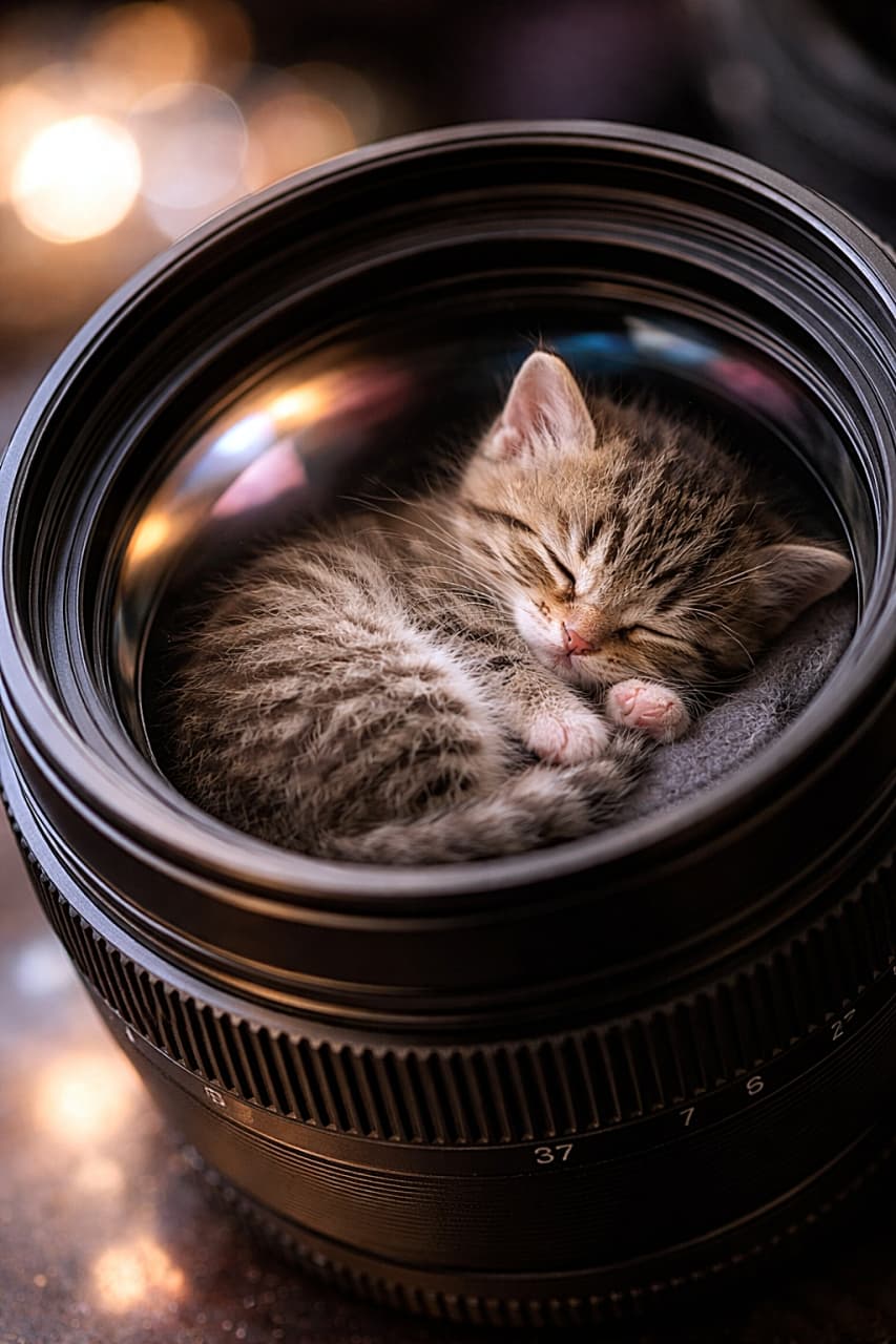 「レンズの中でおやすみ中。世界一かわいい被写体発見📸🐾」Tiny tabby kitten curled up asleep inside a large camera lens, soft warm light reflecting on the glass, photorealistic and high resolution. 大きなカメラレンズの中で丸くなって眠る小さなキジトラの子猫。ガラス面に柔らかな暖色の光が反射するフォトリアルな高解像度画像