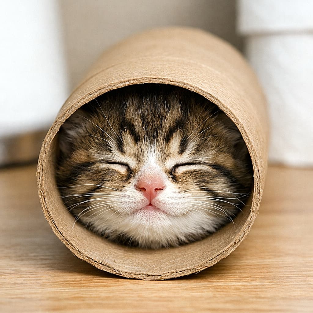 「まさかのジャストフィット！芯の中で夢の中🐾」A tiny sleeping kitten completely inside a large empty toilet paper roll tube, only its face visible, photorealistic and humorous. 大きなトイレットペーパーの芯の中にすっぽり入り、顔だけ見せて眠る小さな子猫のフォトリアルな写真