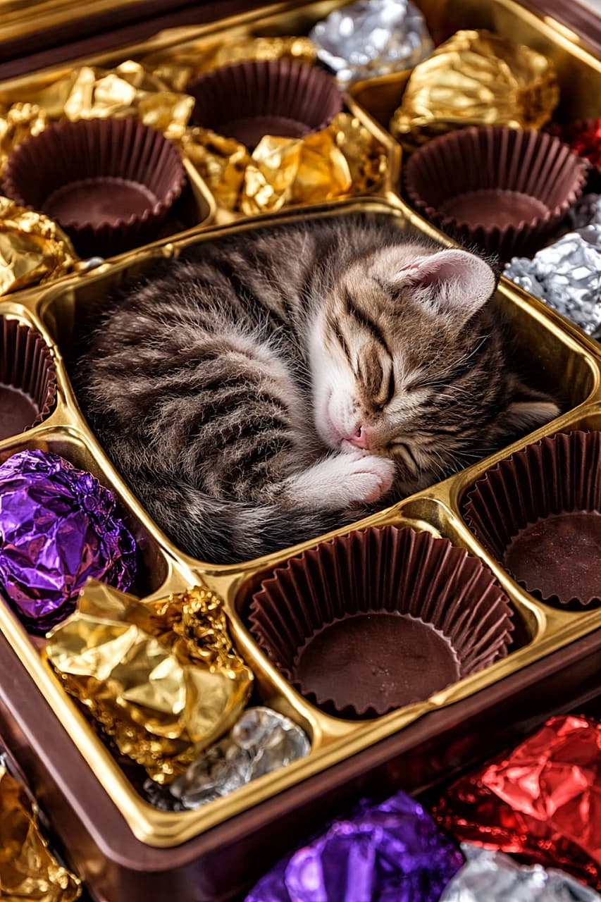 「チョコの代わりに入っていたのは、甘さ100％のねこでした🍫🐾」A tiny tabby kitten curled up asleep inside an empty chocolate box compartment, surrounded by colorful foil wrappers, photorealistic close-up, high resolution. 空になったチョコレートボックスの仕切りの中で丸くなって眠る小さなキジトラ子猫。周囲にはカラフルな包み紙が散らばっている高精細な接写写真
