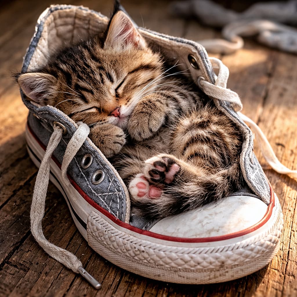「スニーカーがベッドに昇格。肉球ちら見せ優勝です🐾」A tiny tabby kitten curled up inside a worn gray sneaker on a rustic wooden floor, pink paw pads visible, warm natural light, photorealistic and detailed fur texture. 使い込まれたグレーのスニーカーの中で丸く眠る小さなキジトラ子猫。ピンクの肉球が見え、木目の床と暖かい自然光が優しく包むフォトリアルな一枚