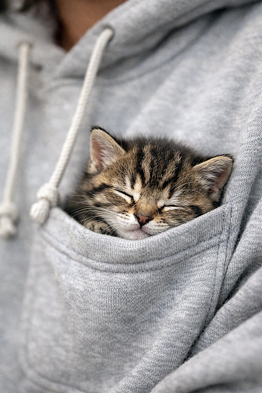 「パーカーのポケットが特等席。ぬくもり独占中のちいさな幸せ🐾」A tiny tabby kitten peacefully sleeping inside the front pocket of a gray hoodie, its head resting on the edge of the pocket. The person is softly blurred while the kitten is in sharp focus, creating a warm and intimate atmosphere. グレーのパーカーの前ポケットの中で眠る小さなキジトラの子猫。ポケットの縁に頭を預け、人物はやわらかくボケ、子猫にピントが合った温かく親密な雰囲気の写真