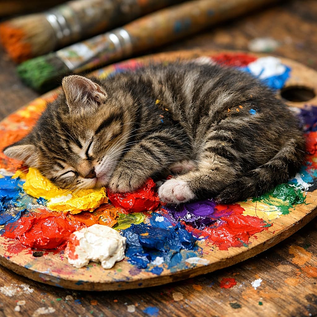 「カラフルな夢のど真ん中でおやすみ中のちび画家🐾🎨」A tiny tabby kitten sleeping peacefully on a wooden painter’s palette covered in thick, bright colorful paint, its small body curled up among vivid red, yellow, blue, and white paint blobs, photorealistic, high resolution. 鮮やかな赤・黄・青・白の絵の具がたっぷり乗った木製パレットの上で、小さなキジトラ子猫が丸くなって眠っているフォトリアルな高解像度写真