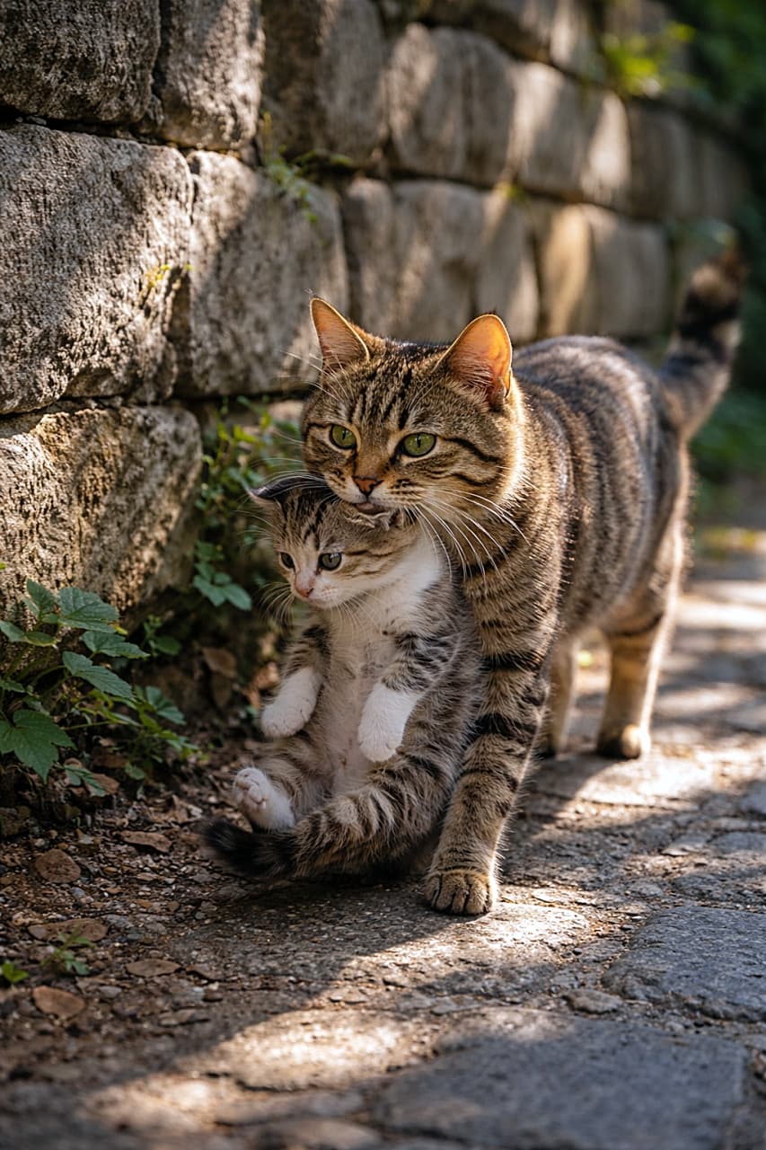 「石壁の木洩れ陽ロード、母の強さと優しさ全開🐾✨」A stray mother tabby cat carrying her kitten by the scruff beside a sunlit stone wall, dappled sunlight on the path, photorealistic. 石壁のそばを歩きながら、首元をくわえて子猫を運ぶ野良の母猫。木漏れ日が差し込むフォトリアルな情景