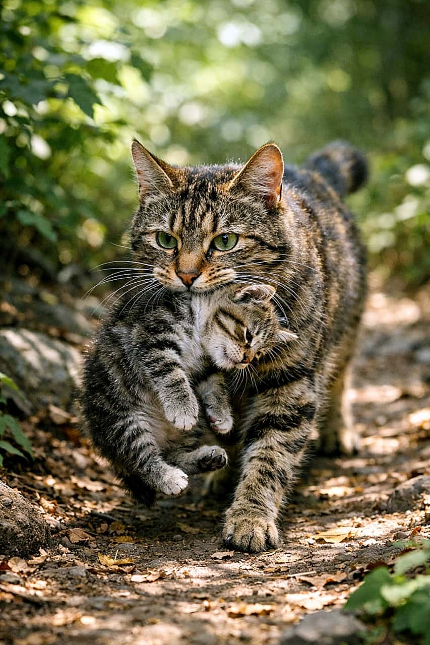 「森の木漏れ日の中、たくましきママ発動中！」Photorealistic image of a wild tabby mother cat carrying her kitten gently by the scruff along a forest path, with dappled sunlight filtering through green leaves. 木漏れ日が差し込む森の小道を、子猫の首元をくわえて運ぶ野性味のあるキジトラ母猫のフォトリアルな写真