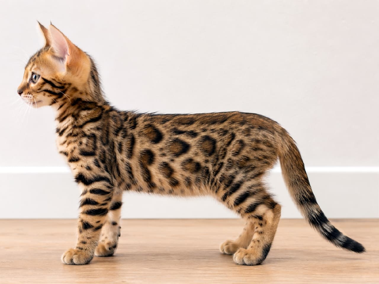 「小さなヒョウがお部屋に降臨🐆🔥しなやかなボディと美しい模様がカッコよすぎる! #ベンガル猫 #にゃんすたぐらむ #猫のいる暮らし #子猫 #猫好きさんと繋がりたい」Ultra-realistic high-quality photograph of a Bengal kitten (spotted rosette) standing in a perfect left-facing side profile. Highlighting striking leopard-like spots, an athletic build, and a sleek coat captured with sharp focus and photorealistic details. 左を向いて凛々しく立つ、ベンガル(スポテッドロゼット)の子猫の横顔。野生のヒョウを思わせるくっきりとしたロゼット柄、筋肉質でしなやかなボディライン、短く滑らかな被毛の質感が、高解像度で鮮明に捉えられた写真