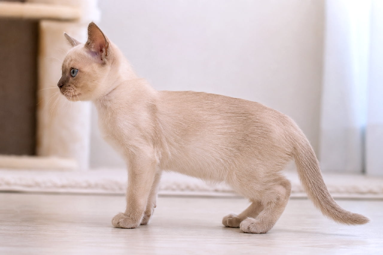 「優しい光に包まれて…✨キャットタワーの前で凛と立つバーミーズちゃんの横顔に癒やされますね🐈💖 #バーミーズ #猫好き #美猫 #にゃんすたぐらむ #猫のいる暮らし #子猫 #猫好きさんと繋がりたい」Ultra-realistic high-quality photograph of a Burmese kitten (champagne) standing in a perfect left-facing side profile. Featuring sleek, smooth champagne fur and pale blue eyes, set in a cozy room with a blurred cat tree and soft natural light filtering through sheer white curtains. 左を向いて凛と立つ、バーミーズ(シャンパン)の子猫の完璧な横顔。シャンパンカラーの滑らかで美しい被毛と、好奇心を見せる淡いブルーの瞳が印象的。背景にはぼやけたキャットタワーと白いレースカーテン越しに差し込む柔らかな自然光が広がり、猫との日常の温かい情景を詳細に描写している高解像度写真