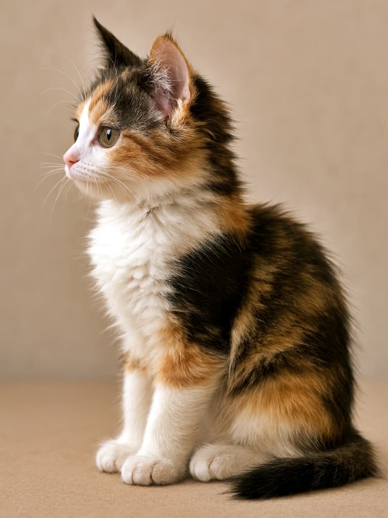 A photorealistic side profile of a calico Ragamuffin kitten sitting upright, with upright ears and detailed fur texture, softly lit indoors. 室内の柔らかな光の中で座る三毛柄ラガマフィン子猫の側面写真。耳は立ち、毛並みの質感が細かく描写されている
