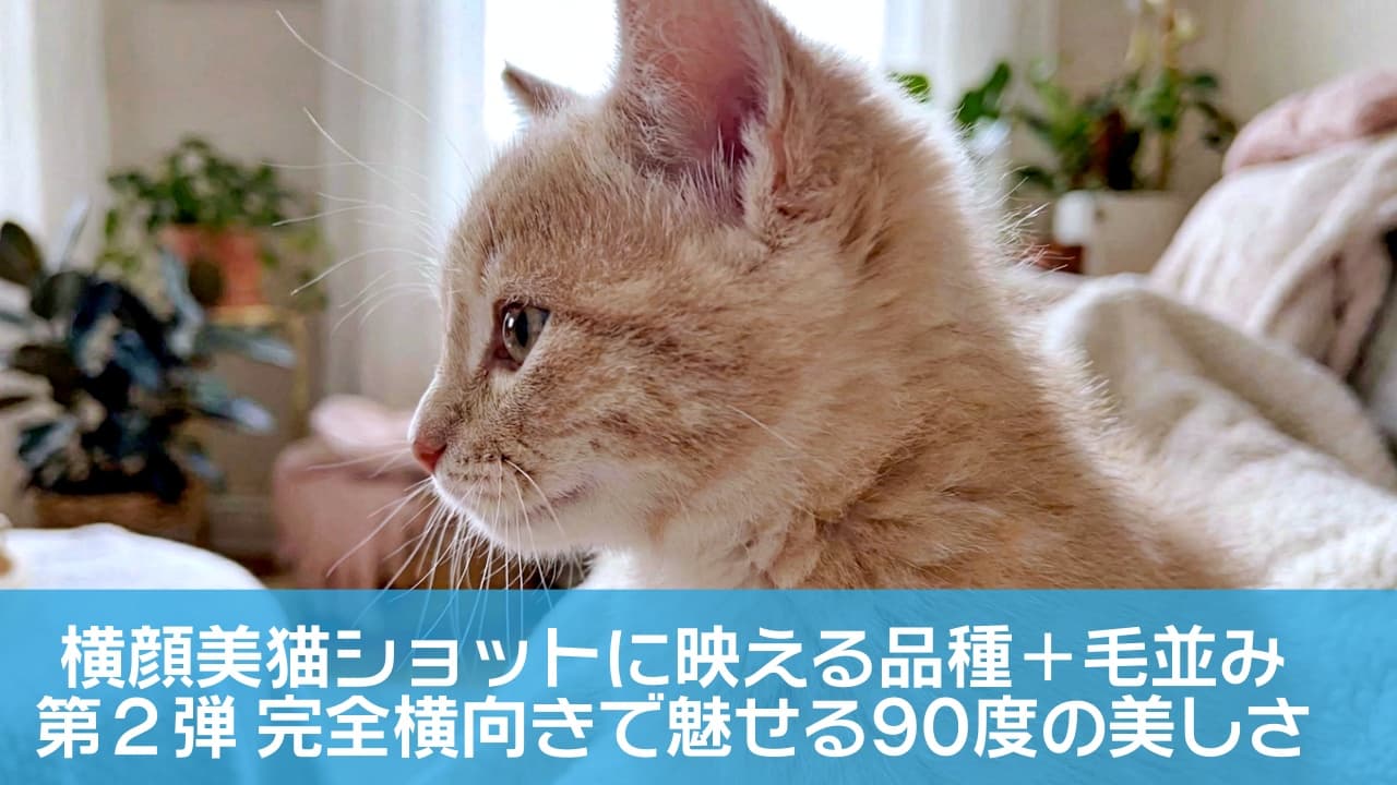 「窓の外に何があるのかな？光に包まれてじっと見つめる横顔が尊すぎる…🥺天使のような一枚です✨」A close-up profile shot of a fluffy cream tabby kitten gazing intently towards a window in a sunlit living room. Soft natural daylight illuminates the texture of its fur and long whiskers. In the background, blurred houseplants and a cozy sofa create a peaceful and serene domestic atmosphere. 明るいリビングルームで、窓の方をじっと見つめているクリーム色の子猫の横顔のクローズアップ。窓から差し込む柔らかな自然光が、子猫のふわふわとした毛並みや長いヒゲを美しく照らし出しています。背景には観葉植物やソファがぼやけて写っており、静かで穏やかな午後の空気感を感じさせる写真です