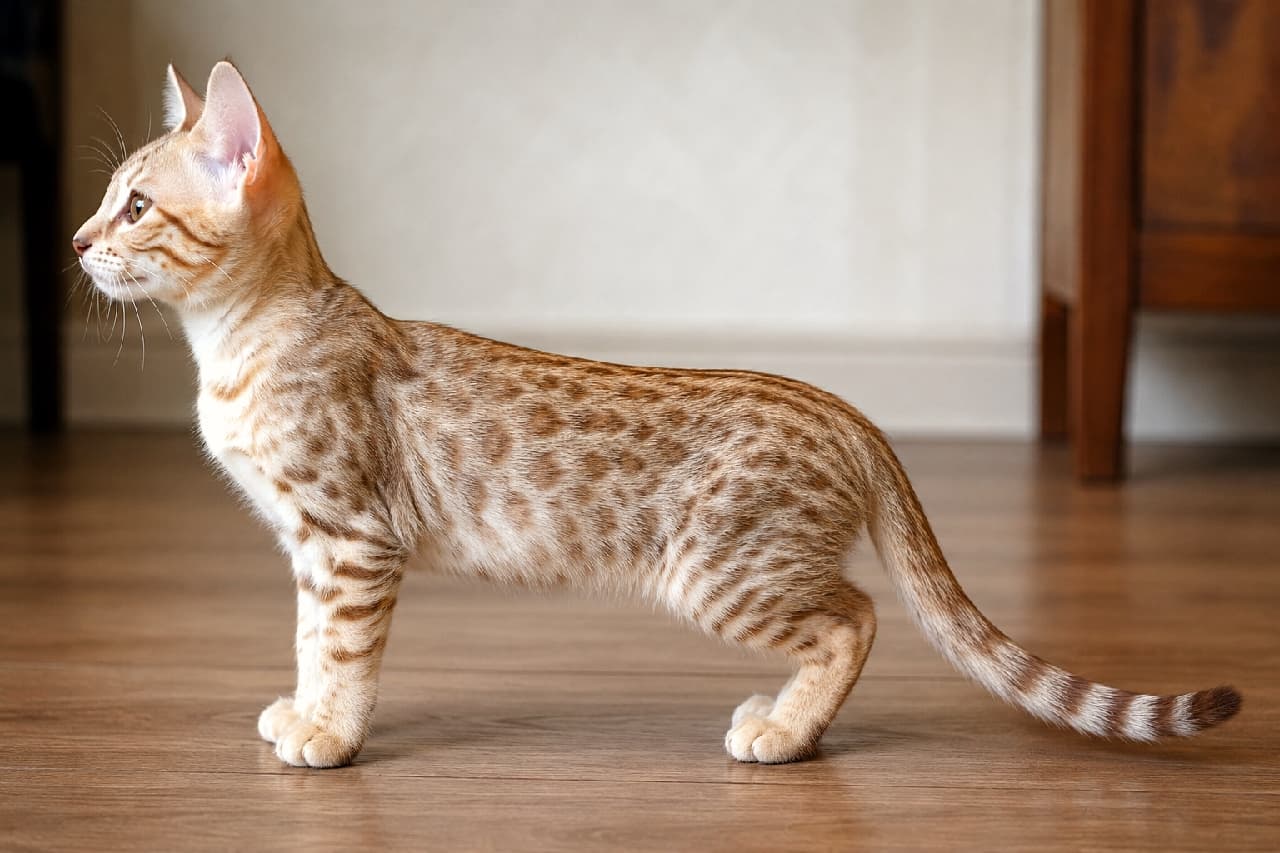 「小さなヒョウ🐆✨オシキャットちゃんのスポット模様、シナモンカラーでワイルド&キュート! #オシキャット #ワイルド #猫好き #美猫 #にゃんすたぐらむ #猫のいる暮らし #子猫 #猫好きさんと繋がりたい」Ultra-realistic high-quality photograph of an Ocicat kitten (cinnamon spotted) standing in a perfect left-facing side profile. The detailed texture of the sleek, short-haired fur showcases clear cinnamon brown spot patterns across the entire body. Ears are upright, eyes are large and alert. Soft indoor lighting against a wood-grain background captures the entire body. 左を向いて立つ、オシキャット(シナモンスポット)の子猫の完璧な横顔。スリムで筋肉質な全身には、シナモンブラウンのスポット模様が鮮明に浮かび、その質感までリアルに描写されている。耳はピンと立ち、目は大きく好奇心に輝いている。柔らかい室内光に包まれ、木目調の背景に全身が美しく映える