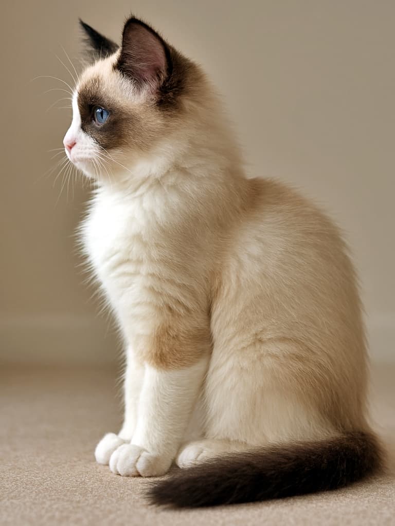 Side profile of a seal-point bicolor Ragdoll kitten sitting on a beige carpet, facing left with upright ears and a fluffy tail. ベージュのカーペットの上に座り、左向きで耳を立てたシールポイント・バイカラーのラグドール子猫の横顔。ふわふわの尻尾も写っている