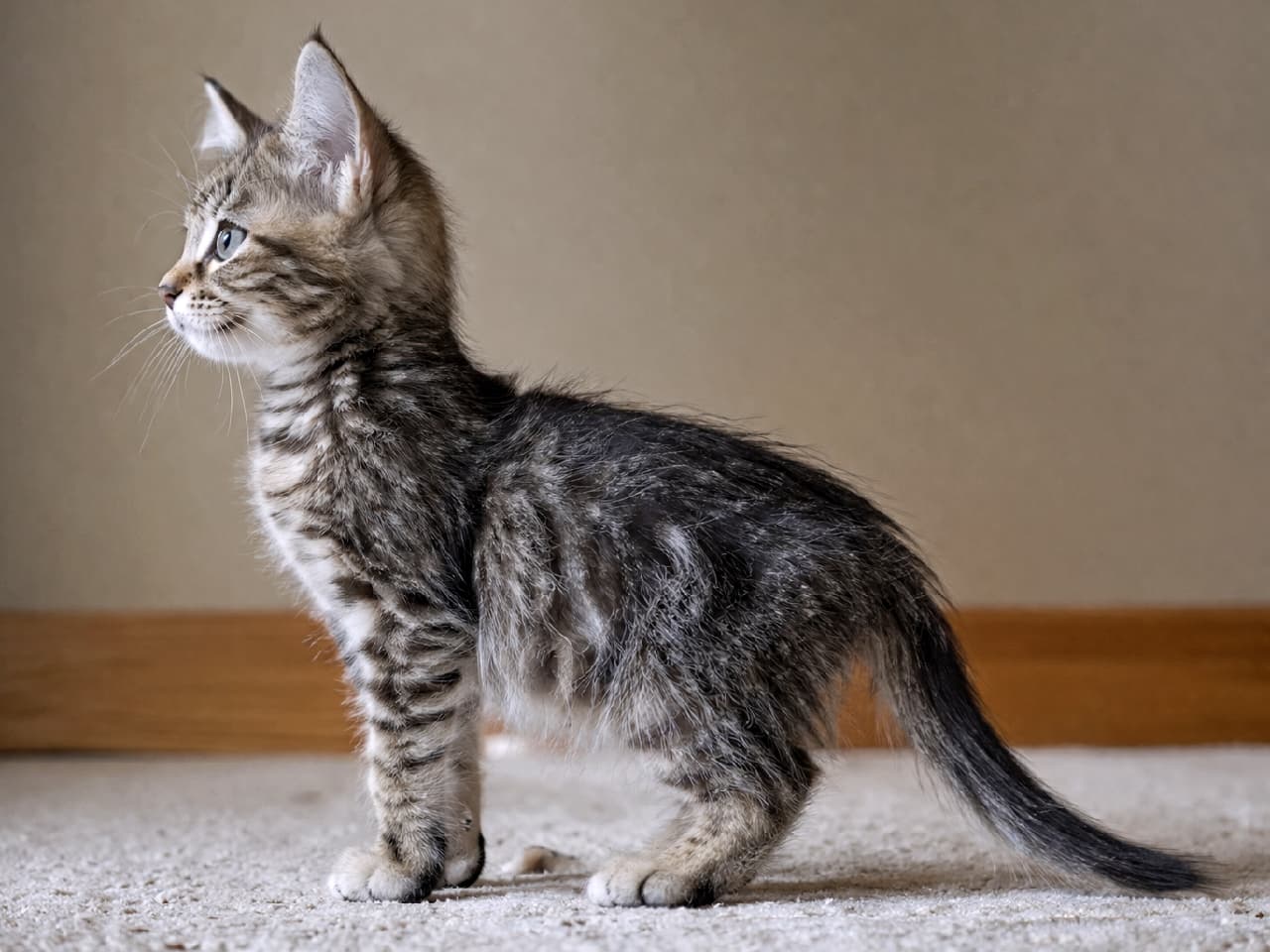 「完璧な横顔シルエットにうっとり…ピシッと立ったお耳と立ち姿がかっこ可愛すぎるニャ🐾スタイル抜群!💕 #子猫 #横顔 #猫のいる暮らし」Ultra-realistic high-quality photograph of a brown tabby kitten in a perfect 90-degree side profile pose, standing on a soft cream carpet facing left. The image highlights its sharp, upright ears, detailed fur texture, and clear eyes under soft, natural indoor lighting against a simple, elegant wall background. 柔らかな室内光のもと、ベージュのカーペットの上にしっかりと立ち、左側をまっすぐ見つめるキジトラ(ブラウンタビー短毛種、推測)の子猫の完璧な90度サイドプロフィール。大きなピンと立った耳、繊細な被毛の模様とふわふわとした毛並みの質感、透明感のある瞳が印象的で、シンプルで落ち着いた背景が子猫の美しい全身シルエットを際立たせています