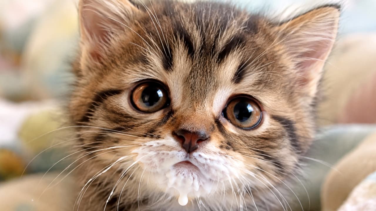 「ごちそうさまでしたニャ！🥛口元のミルクが満足の証。食後の愛らしい表情と美味しそうな残り香をどうぞ🐾✨」Ultra-realistic high-quality photograph of a fluffy tabby kitten that has just finished drinking milk. Its white mouth fur is covered in milk, and a large milk droplet hangs from its chin. The kitten looks satisfyingly at the camera with large, moist, copper eyes. A white milk bowl rim is visible in the foreground, with warm, softly blurred bedding in the background. ミルクを飲み終えたばかりの、ふんわりとした毛並みのキジトラ子猫の至近距離写真。口元の白い被毛にはミルクがたっぷりと付着しており、顎からはふっくらとした大きなミルクの雫が垂れ下がっている。子猫は満足げに、大きく潤んだ銅色の瞳でカメラを正面から見つめている。手前にはミルクが入っていた白いボウルの縁が見え、背景はやわらかなトーンの寝具で暖かくぼかされている