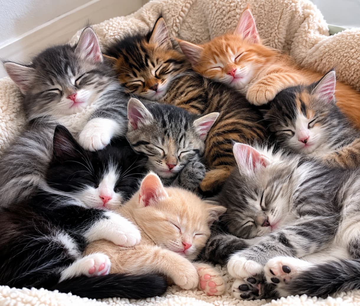 「いろんな柄の子猫がぎゅっ!🐾✨ あなたの推しにゃんこはどの子ですか?🥰」Ultra-realistic high-quality photograph of a diverse group of kittens sleeping in a pile on a beige fleece bed. The colorful mix of long-haired and short-haired breeds, including tuxedo, ginger tabby, calico, and brown tabby, sleeping defenselessly with pink paw pads exposed, creates a scene full of happiness. ベージュのフリース素材のベッドで、幾重にも重なり合って眠る様々な毛色の子猫たちの超リアルな高画質画像。ハチワレ、茶トラ、三毛、キジトラなど、長毛種と短毛種が入り混じり、ピンクの肉球をのぞかせながら無防備な表情で眠る姿が、多幸感に満ちたカラフルな情景を作り出しています