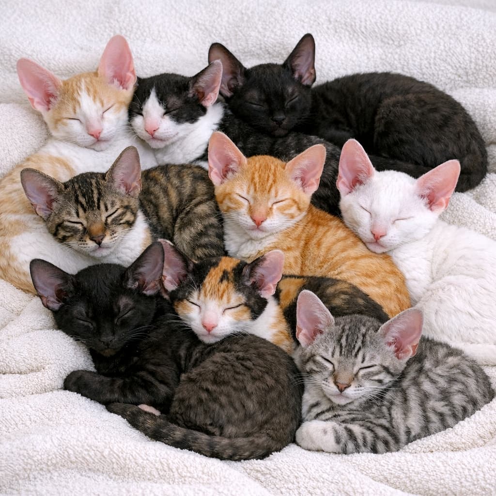 「巻き毛の猫団子で夢の中…💤 黒猫ちゃんも茶トラちゃんも、タオルに埋もれて幸せそう💕」Nine Cornish Rex kittens sleeping soundly in a loose, cozy pile on a white towel. A black kitten is curled up in the front left, nestled closely with ginger and calico siblings, showing off their soft wavy fur. 白いタオルの上で、9匹のコーニッシュレックスの子猫が重なり合って熟睡している様子。手前左の黒猫や中央の茶トラなどが隙間なく身を寄せ合い、ウェーブした毛並みが際立っている