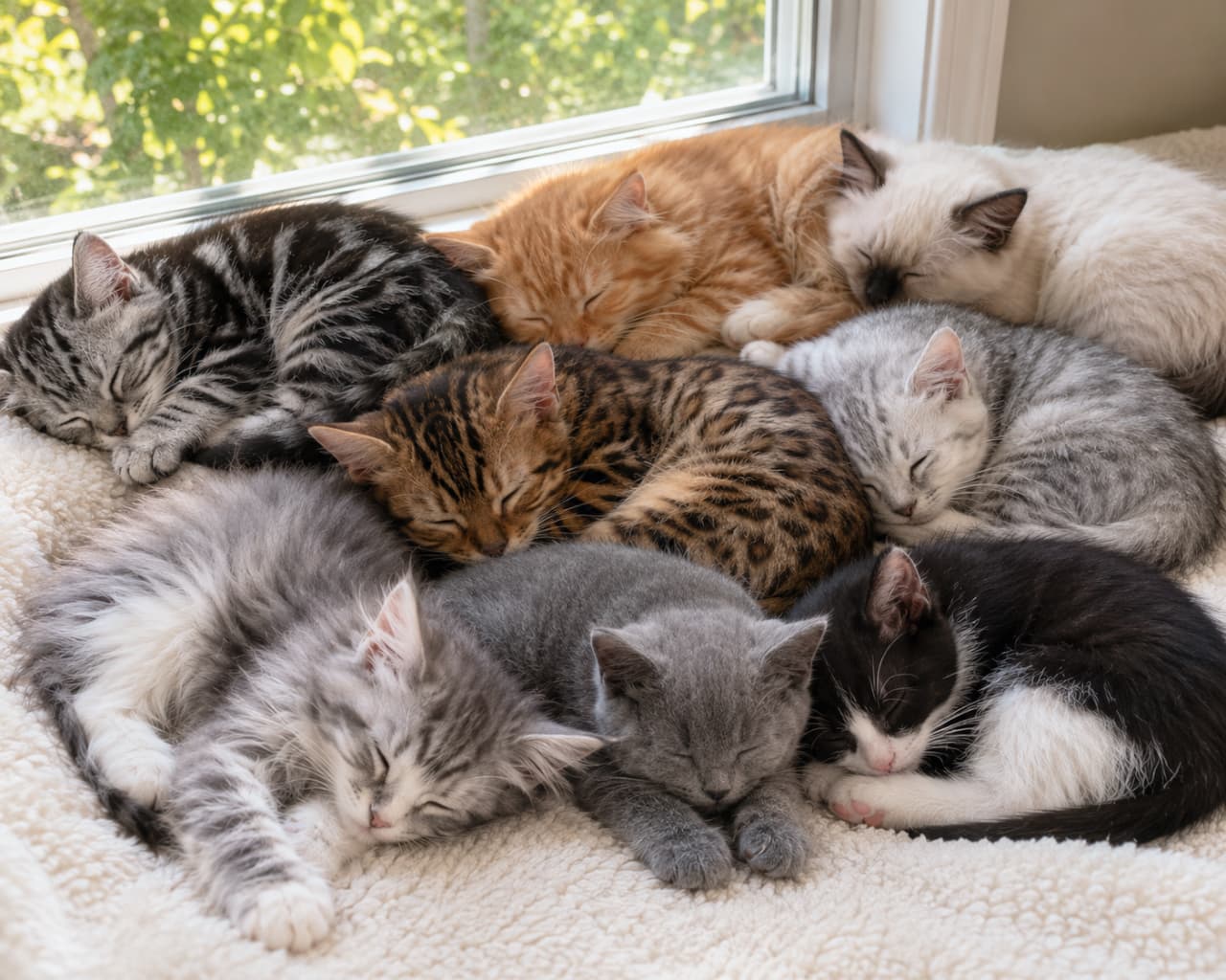 「窓辺に集まった、猫の種類の見本市状態!🌈みんなくっついてどんな夢を見てるのかな?見ているだけで幸せいっぱい🐾✨ #猫のいる幸せ #窓辺の猫」An ultra-realistic high-quality photograph of eight kittens of various breeds sleeping side-by-side on a fluffy white mat by a bright window. The group features a Bengal, a British Shorthair, American Shorthairs, and long-haired kittens, all illuminated by soft natural light. 新緑の木々が見える明るい窓辺で、白いシープスキン調のマットの上に並んで眠る8匹の多様な品種・毛色の子猫たち。ベンガル、ブリティッシュブルー、アメリカンショートヘア、長毛種などが密集し、暖かな自然光に包まれている超高画質でリアルな写真