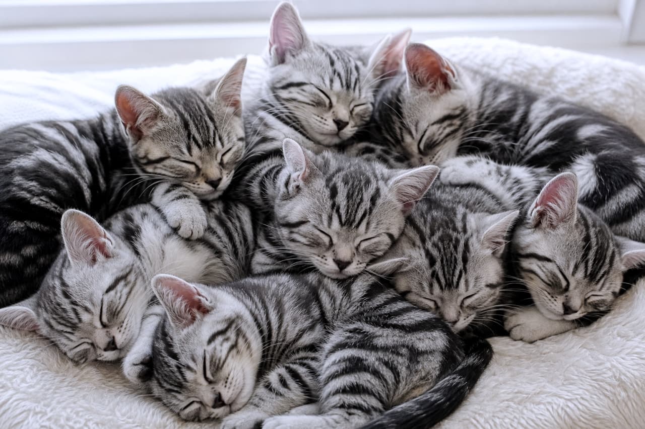 「まさに猫の楽園！8匹の銀色虎斑ちゃんたちが、ぎゅっと寄り添って夢の中へ…💕 #猫 #子猫 #アメショ #猫団子 #癒やし #猫多頭飼い #子猫の成長 #ねこすたぐらむ」Ultra-realistic high-quality photograph of eight beautiful American Shorthair kittens, all silver classic tabby patterned, sleeping deeply together, tightly curled up and snuggled into each other on a cream-colored soft plush faux fur blanket by a bright window. All eight kittens are clearly visible, showcasing their distinct silver tabby stripes, soft fur texture, small closed eyes, whiskers, pink noses, and tiny paws in sharp detail. Their peaceful, sleeping expressions and the soft blanket texture are highlighted by soft natural daylight, with a blurred window frame in the background.　明るい自然光が差し込む窓辺で、クリーム色の柔らかい長毛絨毛毯の上に、8匹の美しいアメリカンショートヘアの小猫たちが、ぎっしりと密集して丸くなり、寄り添い合って深く眠っている。すべての子猫は、クラシックな銀色虎斑（シルバータビー）の模様がはっきりと見え、柔らかそうな被毛、小さな閉じた目、胡髭、ピンク色の鼻や爪先が詳細に描写されている。彼らの安らかな表情と、柔らかい毛毯の質感、そして背景の模糊とした窓辺の雰囲気が、超リアルな高画質写真で捉えられている