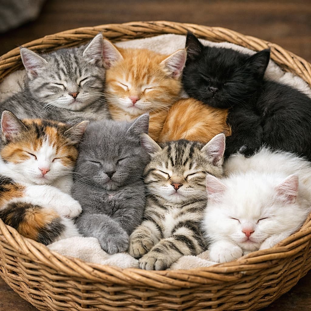 「ぎゅっと一つのカゴに集合。品種も毛色も違うのに、眠る姿はみんな同じ。尊すぎる8匹の昼寝タイム」Eight kittens of different breeds sleeping closely together in a round wicker basket, all faces clearly visible, natural relaxed poses, photorealistic and high resolution. 品種の異なる8匹の子猫が、丸いウィッカーバスケットの中で寄り添って眠っている様子。全ての顔がはっきり見え、自然でリラックスした寝姿の高解像度写真