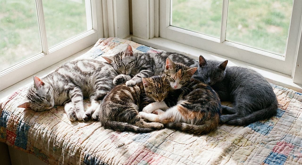 「窓辺でぽかぽかお昼寝☀️ パッチワークの上でとろける子猫たち、外の緑も気持ちよさそう🌿」Several kittens, including silver tabby and calico patterns, sleeping on a colorful patchwork quilt by a window. Bright natural light illuminates them, with green grass visible through the glass. 窓際に敷かれたパッチワークキルトの上で、シルバータビーや三毛模様の子猫たちが重なり合って眠っている。窓の外には緑の芝生が見え、明るい自然光が差し込んでいる