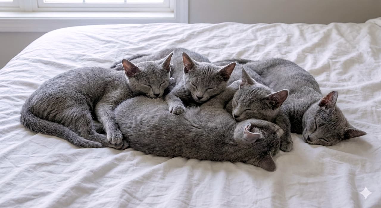 「シーツの上で伸び〜っ!🐾 グレーの天使たちが川の字でおやすみ中、広々快適だね💤」Eight Russian Blue kittens sleeping on a wrinkled white bedsheet, arranged in a relaxed, stretched-out manner across the bed. Their silver-blue fur contrasts gently with the white linen. しわのある白いベッドシーツの上で、横に長く伸びるようにしてリラックスして眠る8匹のロシアンブルーの子猫。シルバーブルーの毛並みが白いリネンに映えている