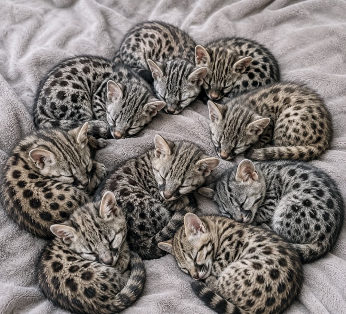 「ちっちゃなヒョウ柄の天使たち🐆💕 ギュッと集まってどんな夢を見ているのかな?💭 #ジェネッタ #子猫のいる暮らし #お昼寝」Ultra-realistic high-quality photograph of eight adorable Genetta kittens sleeping in a circle on a soft gray fleece blanket. The image captures their beautiful wild-looking spotted tabby coats, short legs, and peaceful sleeping expressions in exquisite detail. 柔らかなグレーのフリース毛布の上で、身を寄せ合って丸く円を描くように眠る8匹のジェネッタの子猫たち。ベンガルのような美しく野生的なスポッテッドタビー(斑点模様)と短い足が特徴で、被毛の艶やかな質感や、ギュッと目を閉じて安心しきったあどけない表情がリアルに描写されています