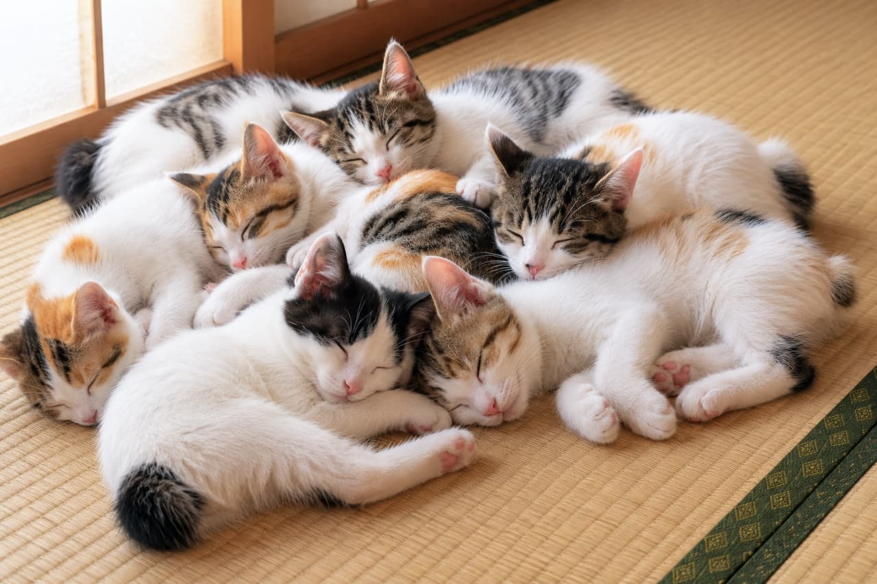 「畳の上でぎゅぎゅっとおしくらまんじゅう🐈💤和室のぬくもりに包まれて、みんなでどんな夢を見てるのかな?✨ #猫の寝顔 #至福のひととき」Ultra-realistic high-quality photograph of multiple mixed-breed Japanese kittens sleeping tightly together on a traditional tatami mat. The kittens feature various coat patterns including calico, brown tabby-and-white, and black-and-white, with some showing short bobtails. Soft, warm natural light filters through a shoji paper screen, gently illuminating their soft fur and creating a peaceful, cozy Japanese-style atmosphere. 古き良き和室の畳の上で、お互いに体をぴったりと寄せ合って眠る複数の可愛い子猫たち。三毛猫(キャリコ)やキジ白、サバ白、白黒など、様々な毛色の日本猫系の子猫がぎゅっと集まっており、中には短いボブテイルの尻尾を持つ子もいます。障子から差し込む柔らかい自然光が子猫たちの滑らかな被毛を優しく照らし、穏やかで温かみのある日常の情景を描き出しています