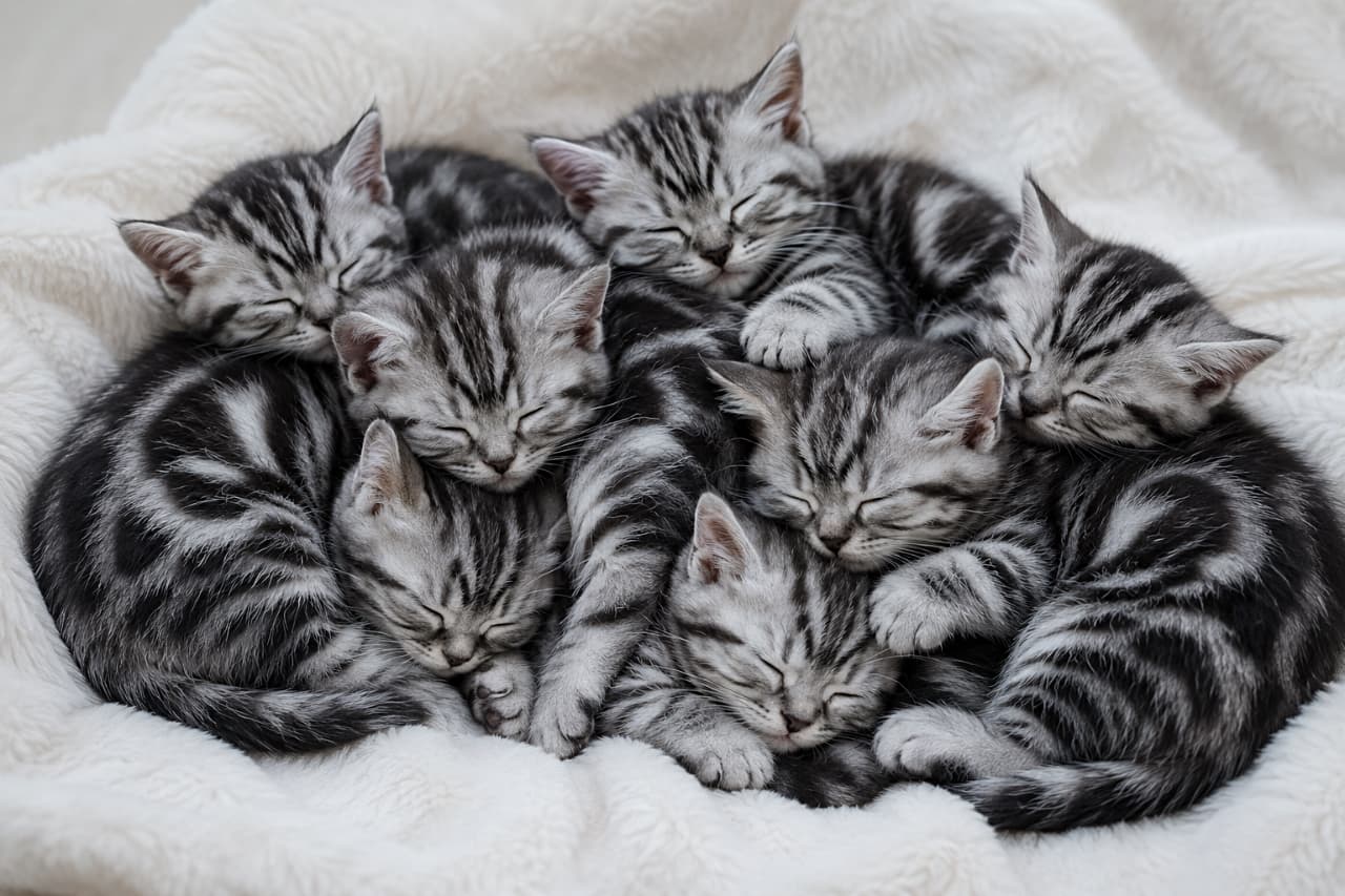「ふわふわ×ふわふわの極上コラボレーション☁️🐈 画面越しでも伝わるもふもふ感にキュンとしませんか?💕 #もふもふ部 #猫多頭飼い #猫部 #モフモフ #ねこすたぐらむ」Ultra-realistic high-quality photograph of silver tabby kittens sleeping huddled together on a fluffy white blanket. A close-up shot capturing their tiny paws, peaceful sleeping faces, and soft fur texture. 真っ白で毛足の長い柔らかなブランケットの上で、身を寄せ合ってスヤスヤと眠るシルバータビーの子猫たちのクローズアップ写真。ギュッと集まった小さな前足や、安心しきった無防備な寝顔、そしてベルベットのような耳の質感が鮮明に捉えられています