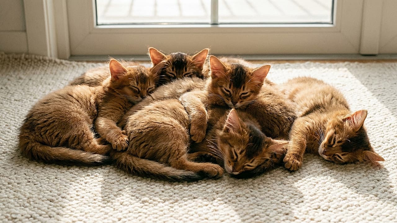 「窓際の特等席で日向ぼっこ集合〜!🪟 お日様を浴びて、みんな気持ちよさそうにスヤスヤ💤」A group of Somali kittens napping on a textured cream loop rug in front of a bright glass door or window. The natural backlighting emphasizes the outlines of their ears. 大きな窓の前の明るい場所で、粒感のあるテクスチャのラグの上に集まってお昼寝しているソマリの子猫たち。背景に窓枠が見える