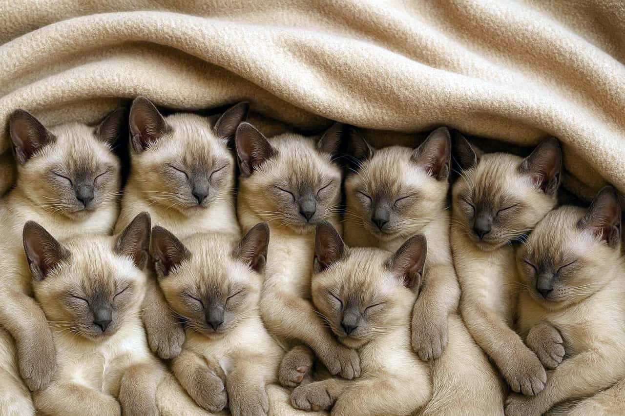 「ぬくぬく毛布でみんな仲良し♡ 夢の中でもぎゅ〜っとハグ!」Photorealistic high-resolution image of eight Tonkinese kittens snuggled together under a soft beige blanket, peacefully sleeping. 八匹のトンキニーズ子猫がベージュの毛布の下で寄り添って眠っているフォトリアルな高解像度画像。毛布の柔らかさと子猫たちの穏やかな表情が際立つ