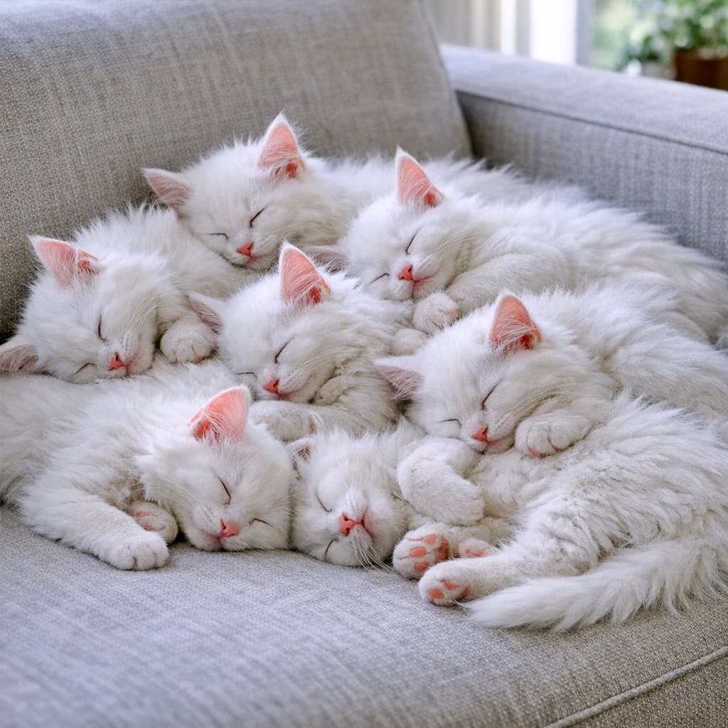 「まるで白い雲の塊☁️ ふわふわな「猫団子」に埋もれたい…至福のモフモフ天国🤍💤」Close-up of eight fluffy white Turkish Angora kittens sleeping in a tight, chaotic heap on a light gray sofa. Their faces and paws are intertwined, creating a cloud of white fur. 明るいグレーのソファの上で、8匹の白いターキッシュアンゴラの子猫が折り重なるように密集して眠るクローズアップ。互いの体が絡み合い、一つの大きな白い雲のように見える「猫団子」状態