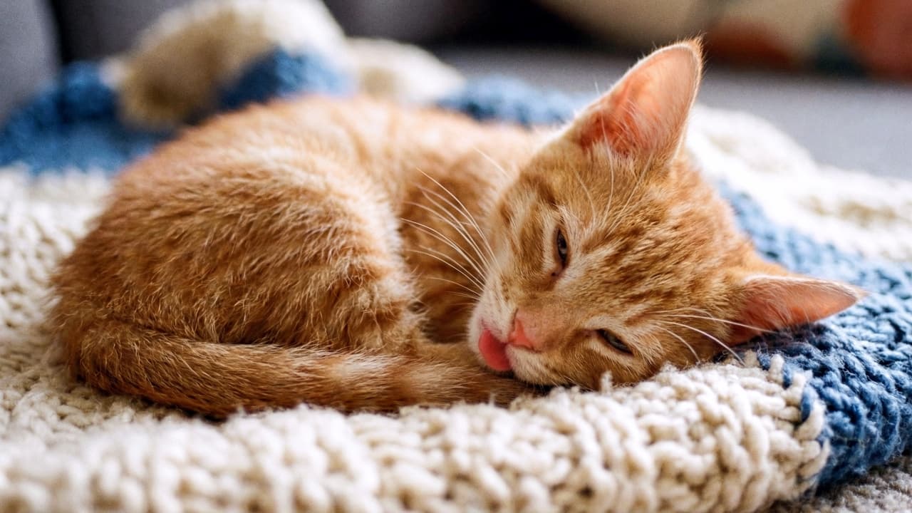 「とろんとした半開きのおめめと、ぺろっと出た舌がたまらない🤤🧡 ふわもこニットに包まれた天使です🧶✨ #茶トラ #仔猫 #舌出し」Ultra-realistic high-quality photograph. A close-up shot of an orange tabby kitten curled up and sleeping on a chunky white and blue knit blanket. The kitten has a sleepy expression with its eyes slightly open, and a tiny pink tongue is sticking out of its mouth (a "blep"). The focus is sharp on the face, soft orange fur, and whiskers, while the curled body and the rest of the textured knit blanket are beautifully blurred (shallow depth of field). Natural light highlights the warm tones of the kitten and the cozy texture of the blanket. ざっくりと編まれた白と青のチャンキーニットの毛布の上で、くるんと丸まって眠る茶トラの仔猫のクローズアップ画像。仔猫はうっすらと目を開けたとろんとした眠たげな表情で、口元からは小さなピンクの舌がちょこんと出ている。顔周辺の柔らかなオレンジ色の毛並みやひげにシャープにピントが合っており、丸まった体や背景の毛布はふんわりと美しくボケている(浅い被写界深度)。仔猫の温もりとニットの立体的な質感が伝わる、超リアルな質感の高品質写真