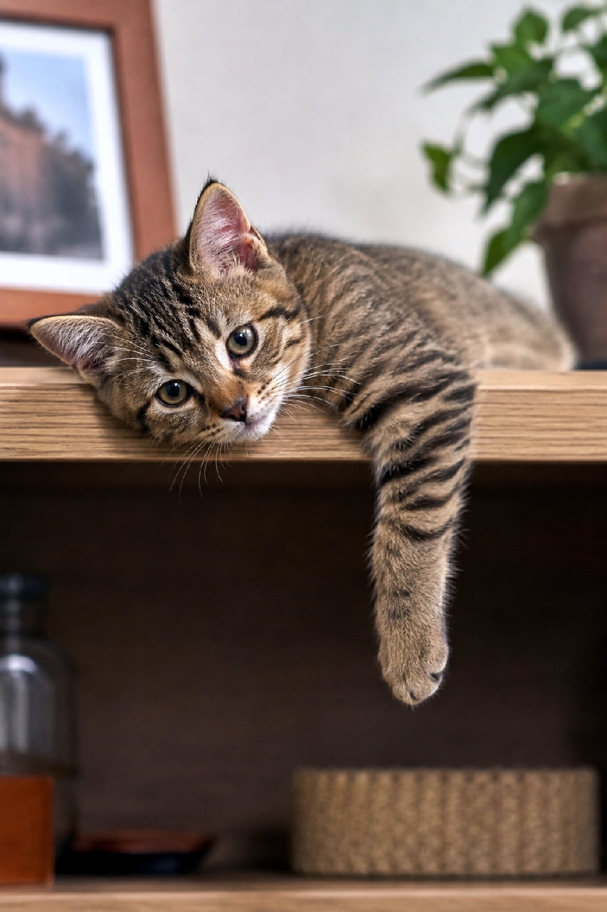「棚の端っこで前脚をダラーン…🐾 ちょっと眠たそうな上目遣いにキュンとしちゃいますね〜リラックスタイム最高!」An ultra-realistic high-quality photograph of a sleepy brown tabby kitten resting its chin on a wooden shelf with one front paw dangling down, looking at the camera in warm indoor lighting. 木目の美しいオープンシェルフの段差にアゴを乗せ、左の前脚をだらんと下に垂らしてくつろぐブラウンタビー(キジトラ)の幼いミックス子猫。上目遣いで少し眠たげな大きな琥珀色の瞳で見つめており、背景には木製フレームの額縁やポトスの観葉植物が柔らかくボケて映る、温もりあふれる室内風景
