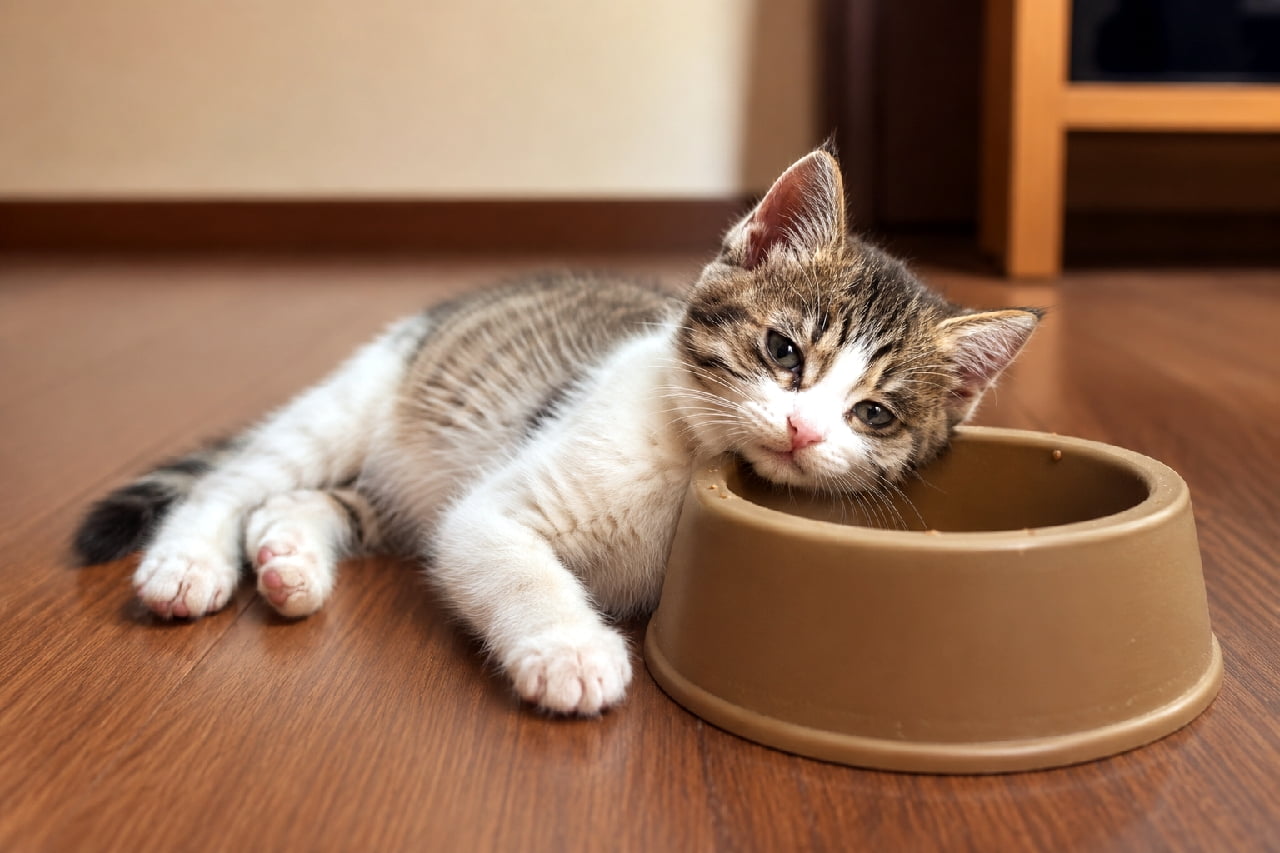 「ご飯を食べながら寝ちゃいそう…?ボウルにアゴを乗せてうとうとする姿にキュン死確定です食欲より眠気!🐈💤」An ultra-realistic high-quality photograph of a sleepy brown tabby and white kitten resting its chin on a brown food bowl, lying on a warm wooden floor in soft indoor lighting. ブラウンタビー&ホワイト(キジ白)のミックス子猫が、茶色のフードボウルの縁に顎を乗せ、半目でうとうと眠そうにしています。温かみのある木目調フローリングの上で、柔らかい室内光に包まれた愛らしい姿