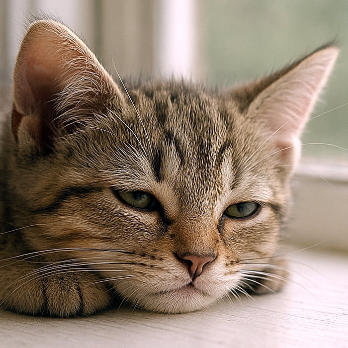 「眠気MAXで表情バグ発生中。ぽやん顔が逆にたまらない尊さ」Close-up of a sleepy kitten resting its chin on a windowsill, half-open eyes and a slightly goofy, drowsy expression in soft daylight. 窓辺の窓台にあごを乗せ、半分眠そうな目で少し間の抜けた表情を見せる子猫のクローズアップ。柔らかな自然光