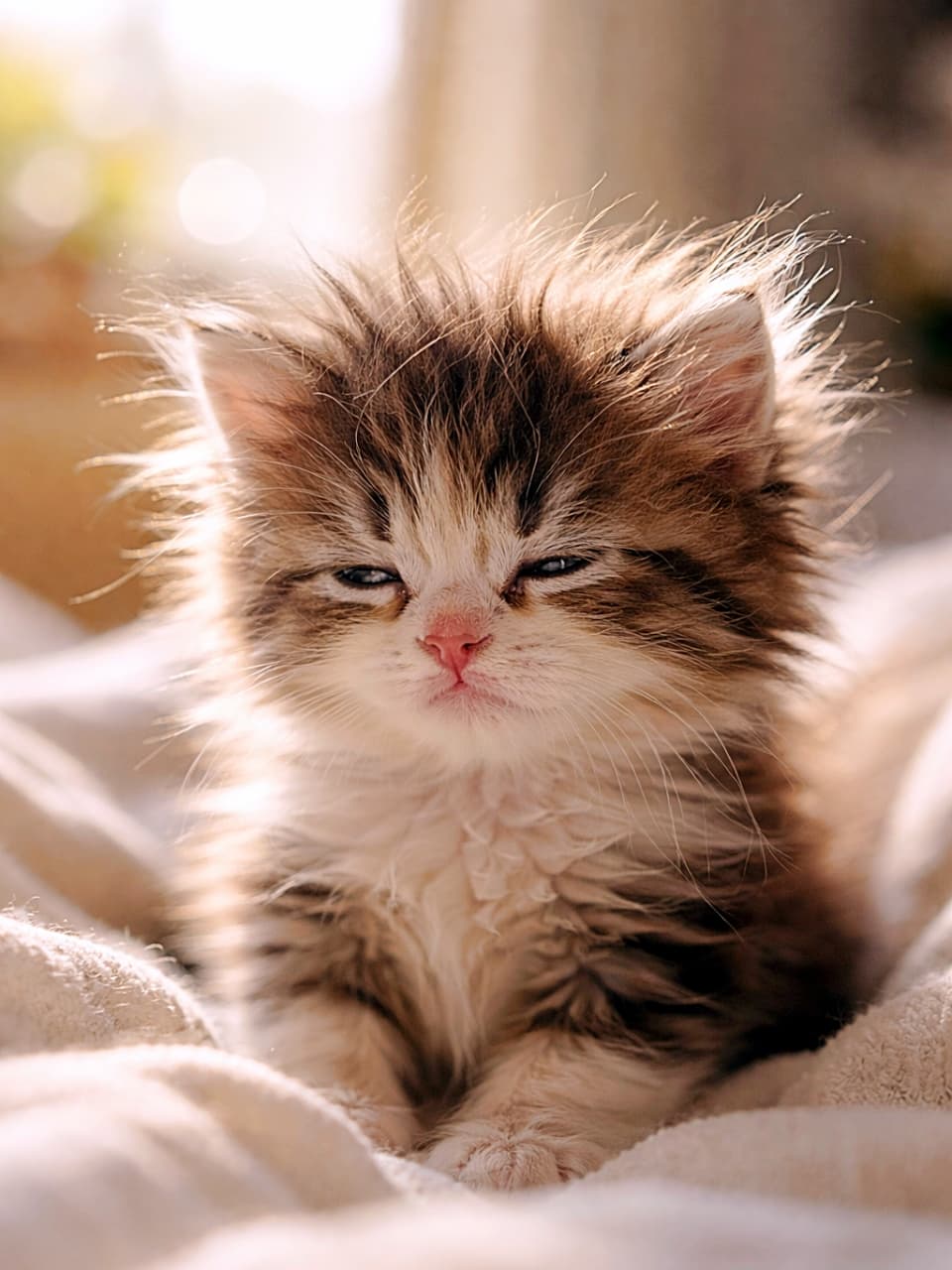 「寝ぐせ爆発でも尊さ満点。朝イチのぽや顔は反則級のかわいさです」A messy-furred kitten just waking up in soft morning light, eyes squinting sleepily, photorealistic close-up. やわらかな朝の光の中で目を細めながら目覚める、寝ぐせで毛並みが乱れた子猫のフォトリアルなクローズアップ