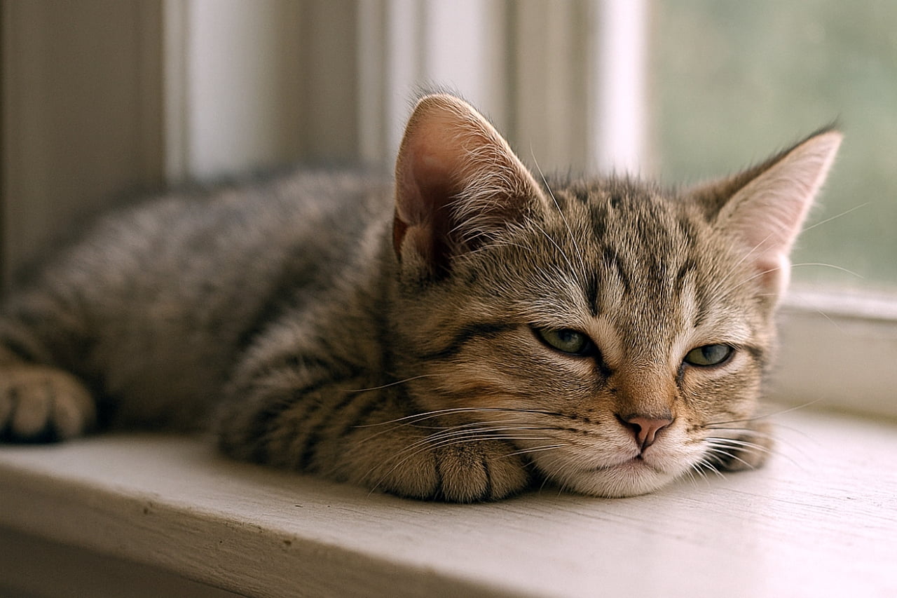 「窓辺でぺたんこ休憩。のびきった安心感が部屋まで穏やかにする」A sleepy kitten lying flat along a windowsill with its chin resting on the surface, eyes half-open, bathed in gentle daylight. 窓辺の窓台に体を伸ばして寝そべり、あごを乗せて半分眠そうな目をした子猫。やさしい自然光に包まれている