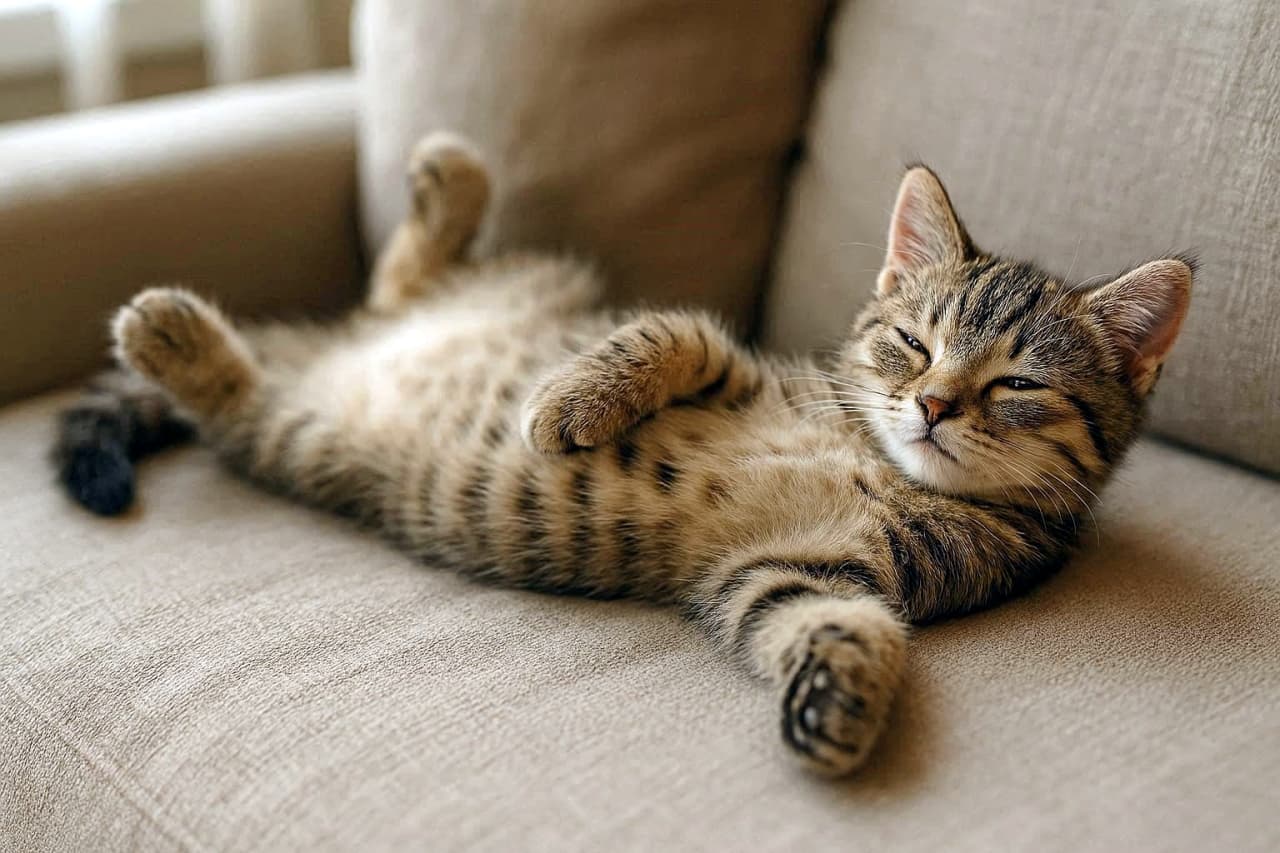 「おひさまぽかぽか、ふわふわソファでごろん♪ ねむねむモード全開です」A tabby kitten lies on its back on a beige sofa, paws raised, eyes half-closed, relaxed in natural daylight. ベージュのソファの上で仰向けに寝そべるキジトラ子猫。前足を上に伸ばし、後ろ足もゆったりと広げ、半目でくつろいでいる。自然光が差し込み、毛並みの柔らかさと模様が際立つ