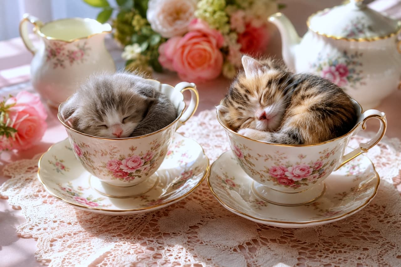 「ティーカップから溢れんばかりの可愛さ！🌸🐾 スヤスヤ眠るハチワレちゃんと三毛ちゃんが、皆様に心安らぐ極上の時間をお届けいたします✨ #ティータイム #猫好き #癒し時間 #猫のいる暮らし」Ultra-realistic high-quality photograph of two kittens, a grey and white bicolor and a calico, peacefully sleeping inside elegant floral teacups with saucers resting on a lace doily. A pastel tabletop is bathed in warm morning sunlight, bringing out the intricate details of their fluffy fur, beautifully framed by a lush bouquet of roses and a classic tea set in the background. 淡いピンクのテーブルに敷かれたレースのドイリーと、ソーサー付きの優美な花柄ティーカップ。その中でグレーと白のハチワレ子猫と、美しい三毛の子猫が幸せそうにまどろんでいます。背景を彩る豪華なバラのブーケに暖かな朝の光が降り注ぎ、ふんわりとした被毛の質感や安らかなお顔立ちを緻密に描き出した、極めて芸術的な一枚