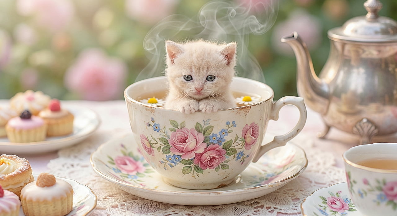 「お茶に浸かってキョトンとするクリーム色の子猫ちゃんに癒やされるニャ☕️」A photorealistic horizontal image of a tiny cream-colored kitten sitting inside a vintage floral teacup. The kitten's front paws are resting cutely on the rim of the cup, and it appears to be sitting in the tea itself. Gentle steam rises from the cup. The background is a pastel-colored tea party setting with cupcakes, a silver teapot, and softly blurred pink flowers. ヴィンテージ風の花柄ティーカップの中に入っている、小さなクリーム色の子猫の写実的な横長写真。子猫の前足はカップの縁に可愛らしく乗っており、お茶の中に浸かっているように見える。カップからは穏やかな湯気が立ち上っている。背景はパステルカラーのお茶会のセッティングで、カップケーキや銀色のティーポット、柔らかくぼやけたピンク色の花が写っている