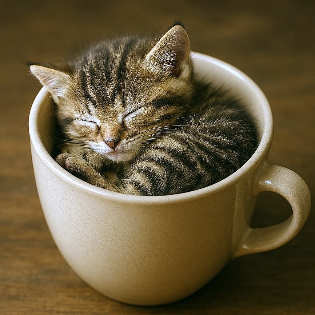 「ほかほかマグで夢のなか、ちび猫のぬくもりタイム」A tiny tabby kitten sleeps curled up inside an oversized beige ceramic coffee mug on a wooden table. Soft warm lighting highlights its delicate whiskers, closed eyes, and striped fur, creating a cozy, photorealistic scene. 大きなベージュ色の陶器マグカップの中で、小さな子猫が丸くなって眠っている。柔らかな暖色の光が、ひげや閉じた目、縞模様の毛並みを優しく照らし、温かく写実的な雰囲気を生み出している