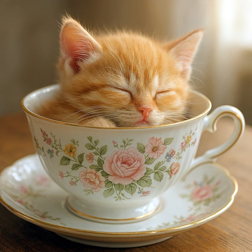 「ふんわり午後のひと休み、カップの中で夢見心地」A small orange tabby kitten is curled up asleep inside a delicate white porcelain teacup decorated with pink and yellow floral patterns. Soft afternoon light illuminates the kitten’s fur and the glossy surface of the cup, creating a warm, peaceful atmosphere. The teacup rests on a matching saucer atop a wooden table, with the background softly blurred. 白い磁器のティーカップに、オレンジ色の子猫が丸くなって眠っている。カップにはピンクと黄色の花柄が描かれ、柔らかな午後の光が子猫の毛並みと磁器の光沢を優しく照らしている。ティーカップは同柄のソーサーに乗り、木のテーブルの上に置かれており、背景は柔らかくぼかされている