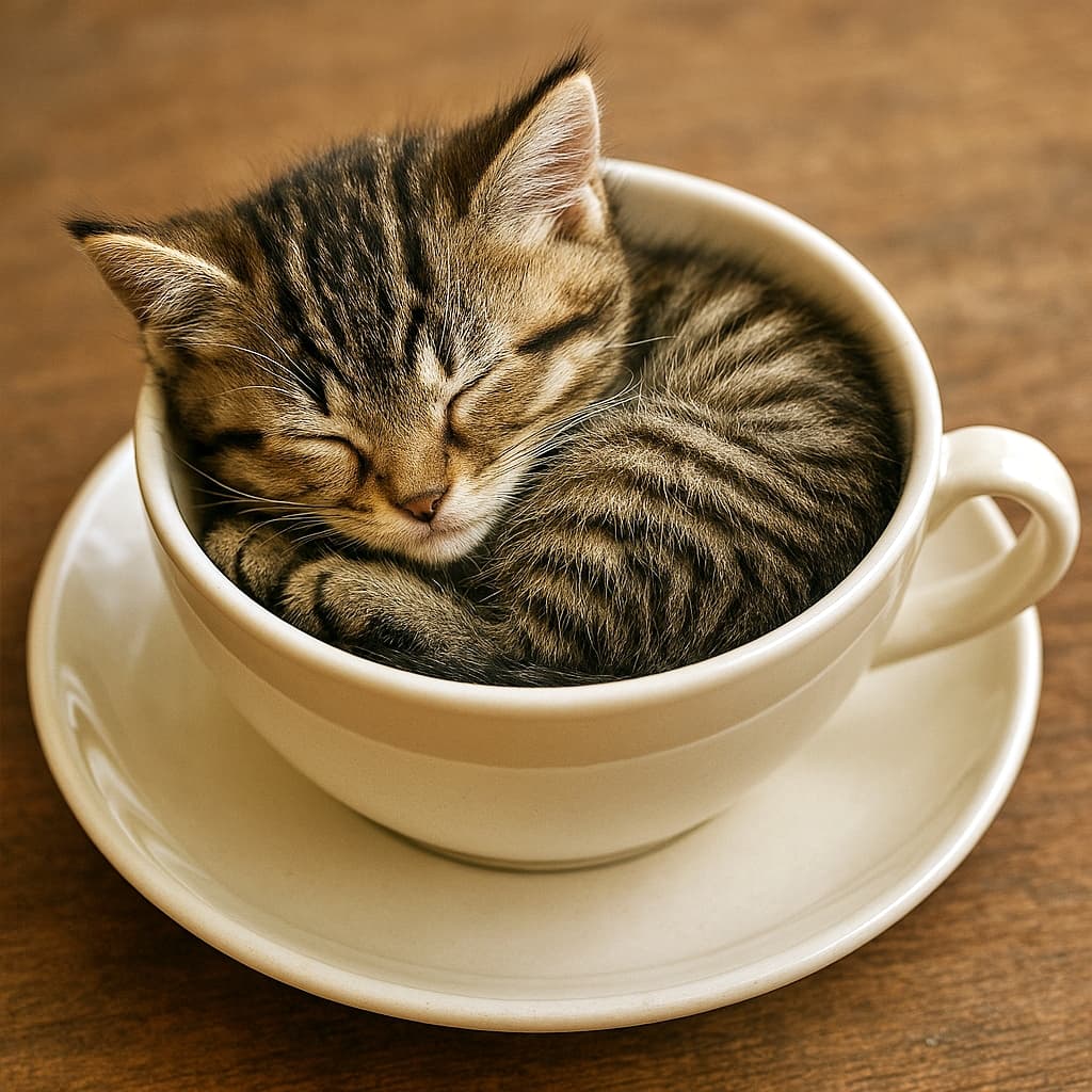 「ちっちゃな夢の国はティーカップの中。すやすや可愛さ満点です」A photorealistic close-up of a tiny tabby kitten curled up and sleeping inside an off‑white porcelain teacup placed on a matching saucer. The kitten’s fur is soft and fluffy with brown and gray tabby markings, its paws tucked in and its tail wrapped around its body. Soft natural light highlights the kitten while the wooden surface beneath adds warmth. オフホワイトの磁器ティーカップの中で小さな子猫が丸くなって眠っている、フォトリアルなクローズアップ。茶トラ模様のふわふわした毛並みが柔らかい自然光に照らされ、カップの下の木のテーブルが温かみを添えている