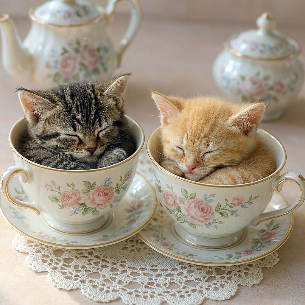 「ふたりで夢のティータイム、そっとぬくもりシェア中」A photorealistic close-up of two tiny kittens sleeping curled inside matching floral porcelain teacups placed on a lace doily atop a pastel tabletop. Morning sunlight softly illuminates their fur and the intricate gold-accented tea set surrounding them. パステル調のテーブルの上、レースのドイリーに載せられたお揃いの花柄ポーセリンティーカップの中で、2匹の小さな子猫が丸くなって眠っているフォトリアリスティックなクローズアップ。朝の柔らかな光が子猫の毛並みと金彩の入ったティーセットを優しく照らしている