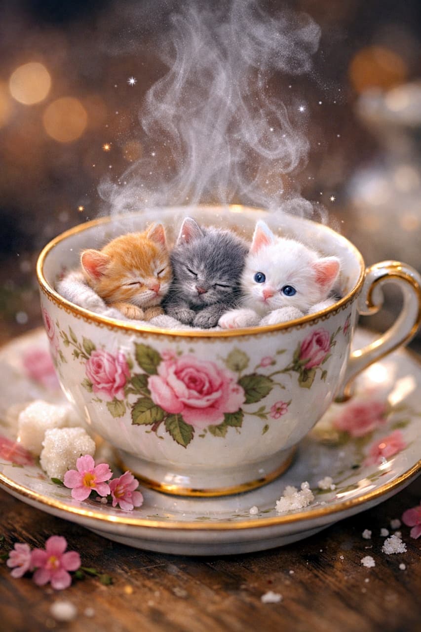 「湯気の中は、ちいさな幸せ空間☕✨ティーカップで子猫たちが夢見心地」Tiny micro-kittens snuggled inside a vintage floral tea cup, with gentle steam rising, captured in a magical realism macro shot. 花柄のヴィンテージティーカップの中で、湯気に包まれながら寄り添って眠る極小サイズの子猫たちのマクロ写真