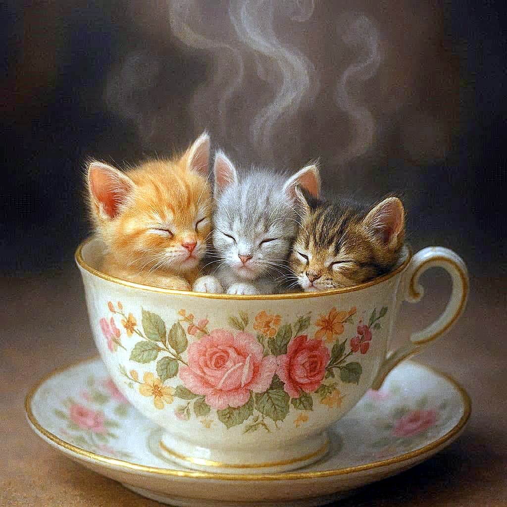 「ティーカップの中でほかほかお昼寝中♪ ちびっこトリオの夢は花咲くファンタジー」Macro photograph of three tiny micro-kittens—orange, gray, and brown tabby—sleeping inside a vintage floral porcelain teacup with rising steam, creating a whimsical and heartwarming miniature scene. オレンジ、グレー、茶色のタビー柄の極小マイクロ子猫3匹が、ヴィンテージの花柄ティーカップの中で眠る様子を捉えたマクロ写真。湯気が立ち上り、幻想的で心温まるミニチュア世界が広がっている